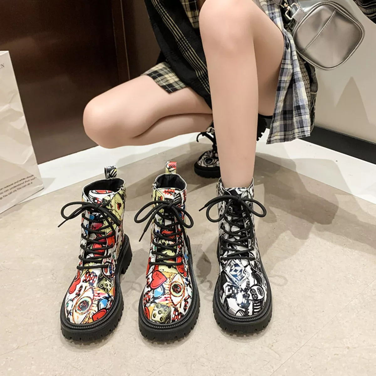 Graffiti Print Combat Boots with Colorful Street Art Design