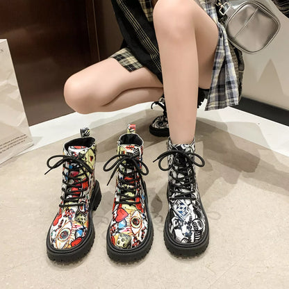 Graffiti Print Combat Boots with Colorful Street Art Design