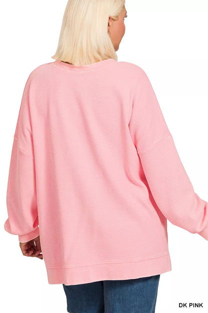 Zenana Full Size Acid Washed Double Ribbed Hi-low Sweatshirt Plus Size