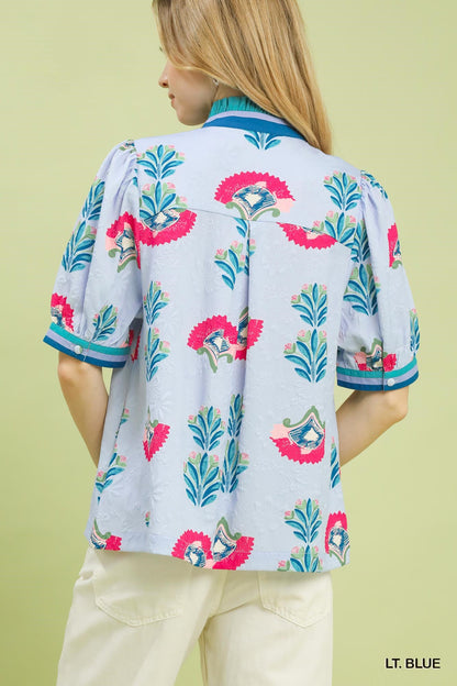 Umgee Print Puff Sleeve Blouse with Contrast Trim
