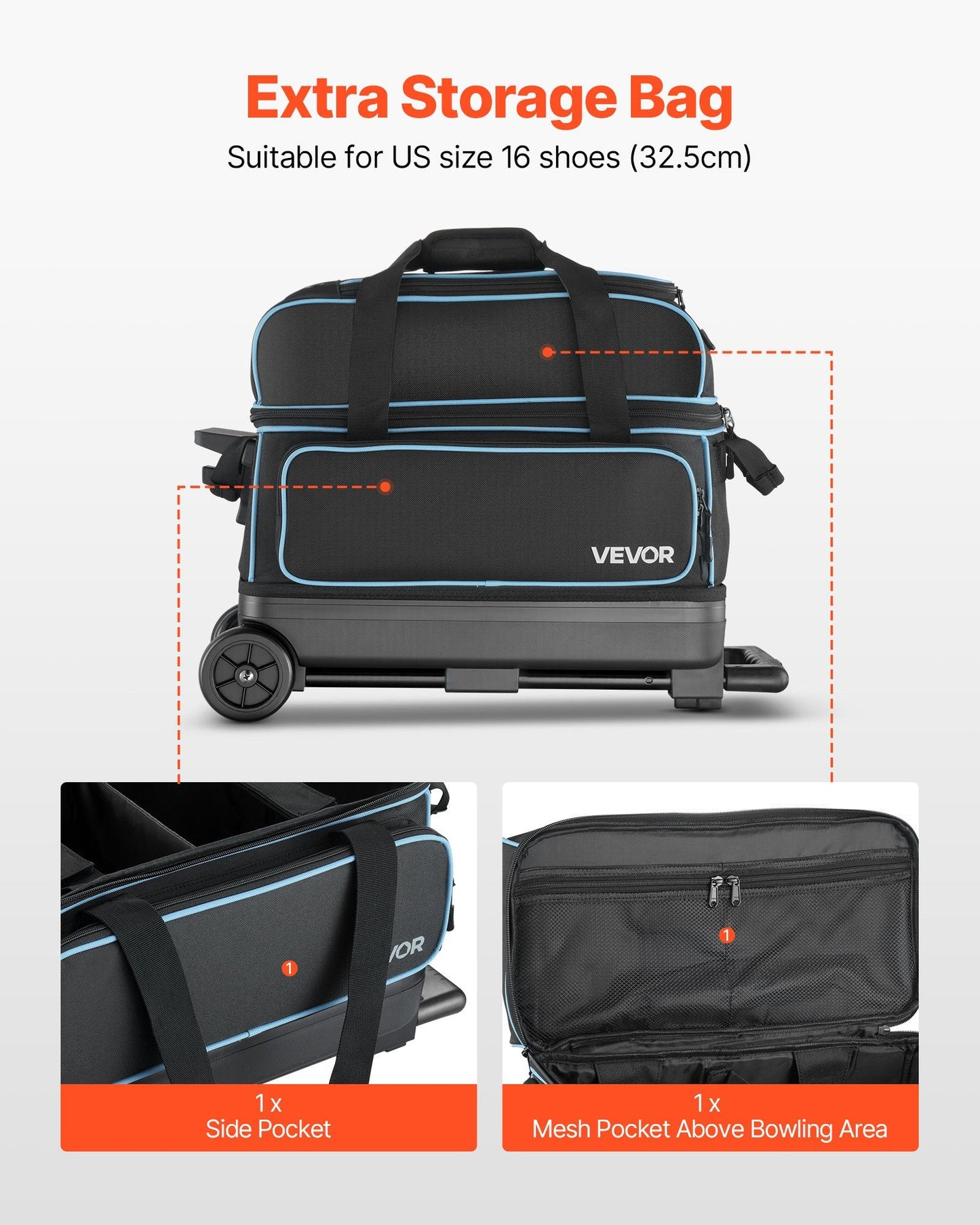 Bowling Ball Bag, 2 Ball Double Roller Bowling Bag With Wheels, Featuring A Separate Compartment For Shoes (Up To US Size 16) & Oversized Accessory Pocket, Retractable Handle Extends To 41.32 In