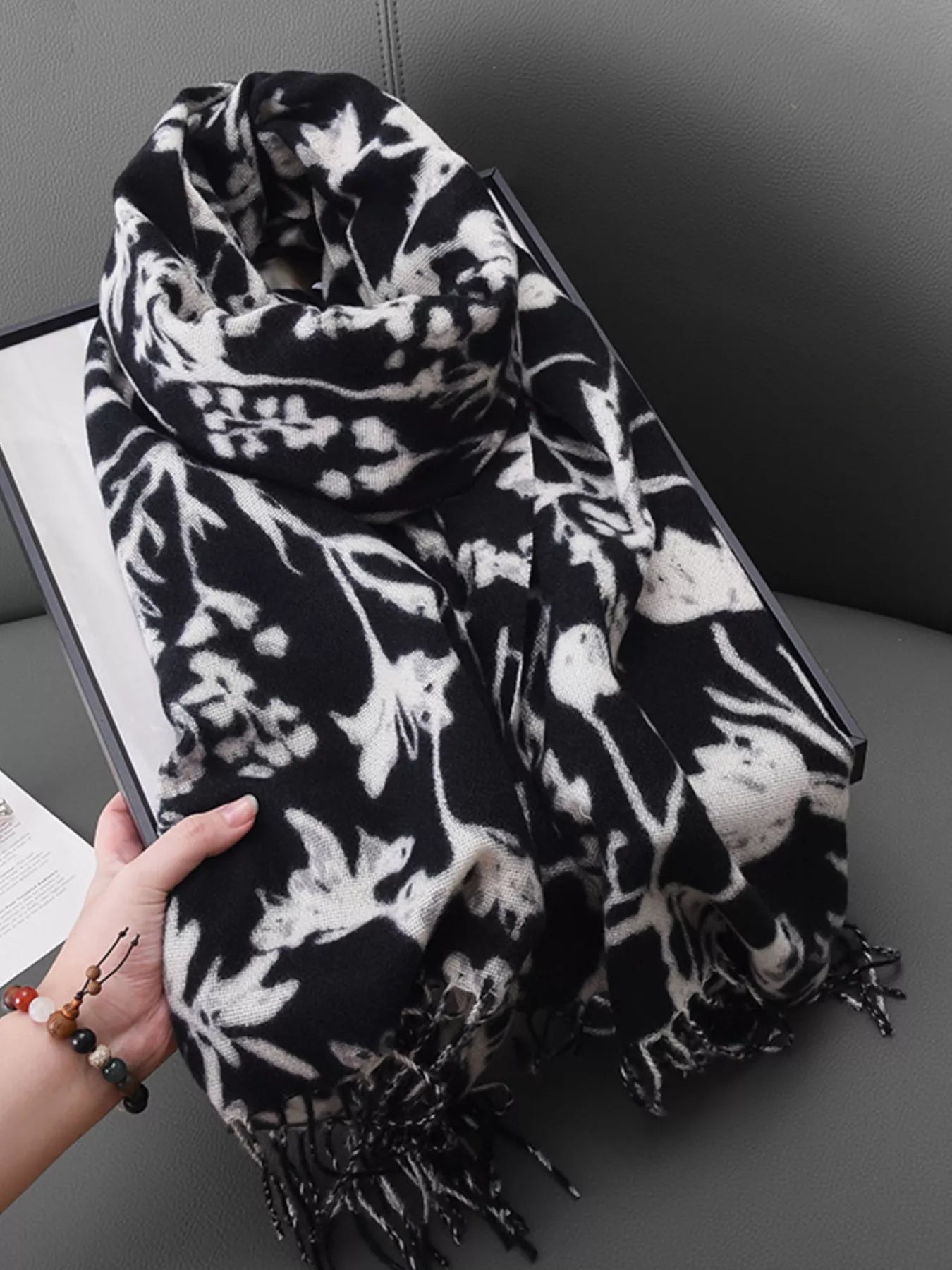 Floral Print Scarf with Fringe Detail
