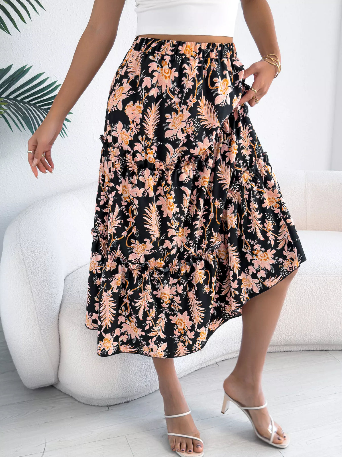 Floral Print Ruffle Hem Flowy Midi Skirt