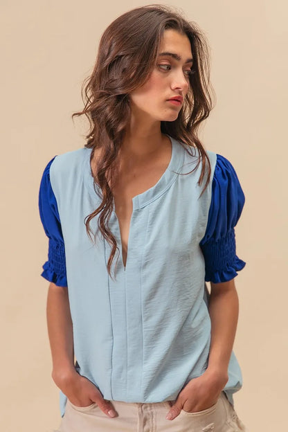BiBi Air Flow Color Block Puff Sleeves V Neck Top