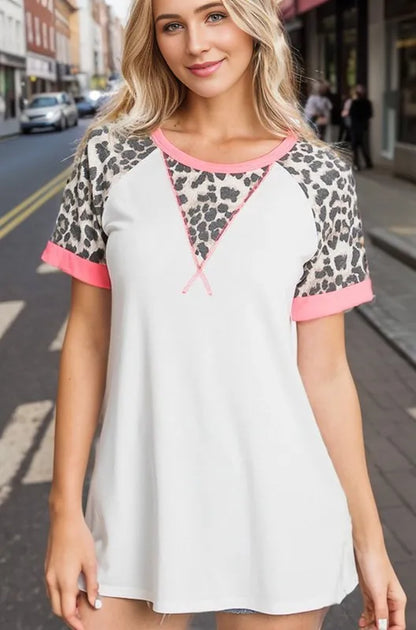 HeimishFull Size Leopard Round Neck Short Sleeve T-Shirt with Stitch Plus Size