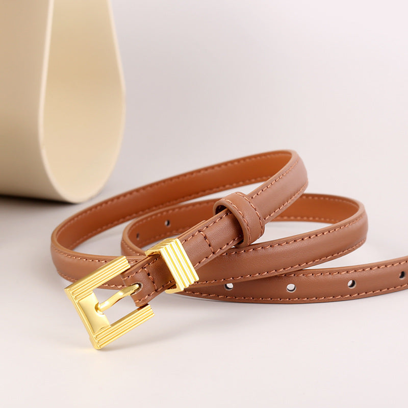 Skinny Leather Belt with Golden Buckle