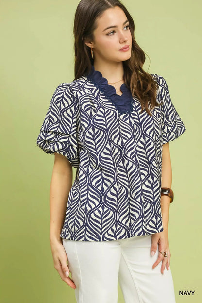Umgee Printed Puff Sleeve Ruffle Neck Top