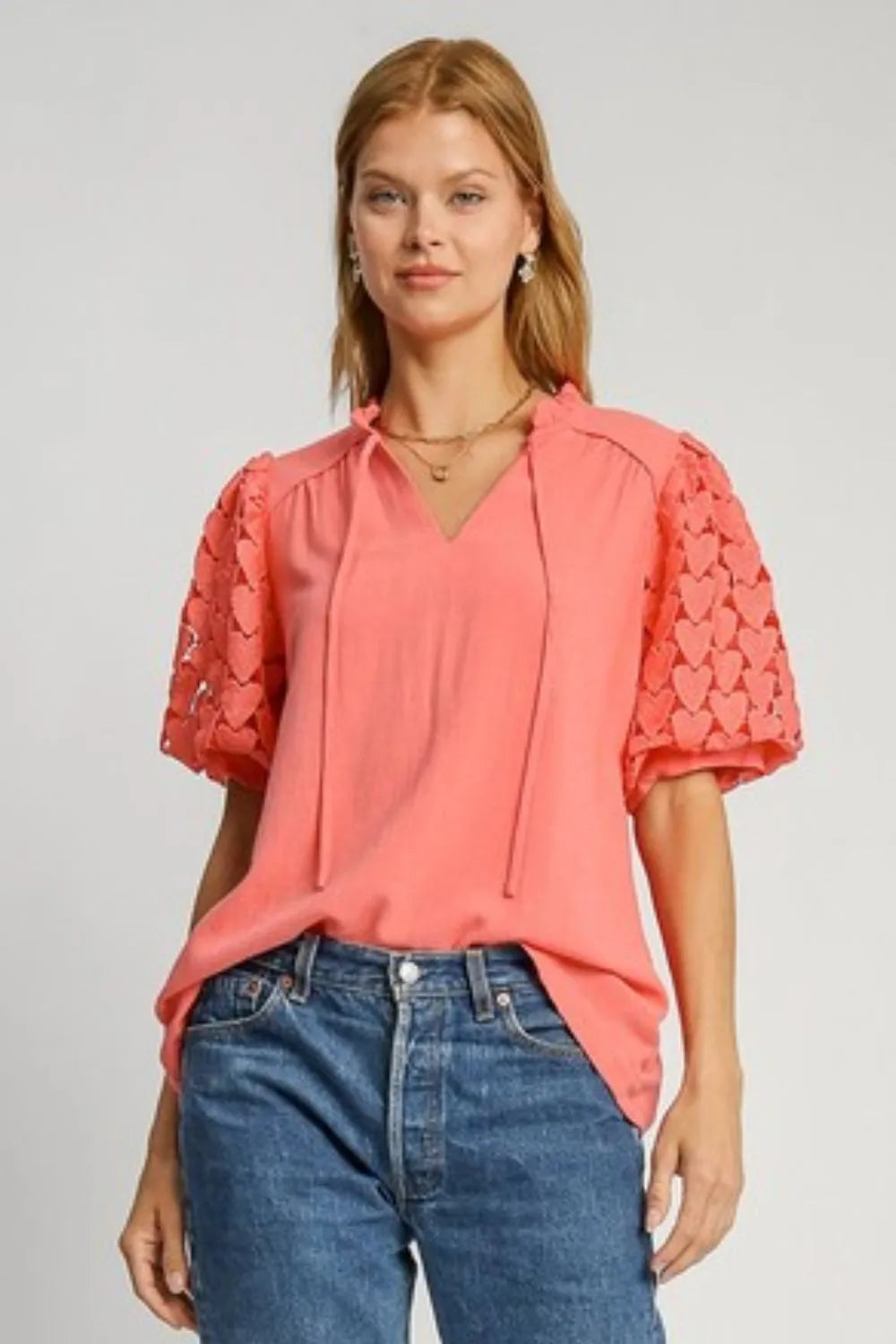 Umgee Full Size Heart Lace Sleeve Ruffle Collar Top Plus Size