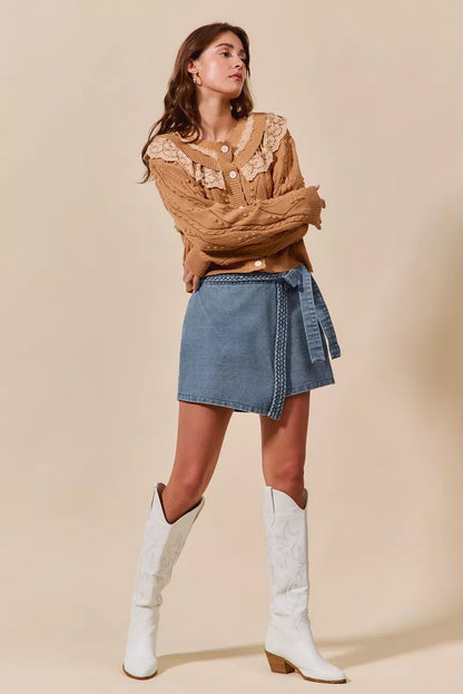 SO ME Wrap Braided Trimmed Denim Skort