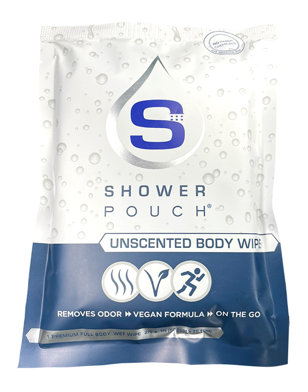 Adventure Sampler Kit: 4 Shower Pouches, 1 Hand Sanitizer (80%), and 1 Deodorant