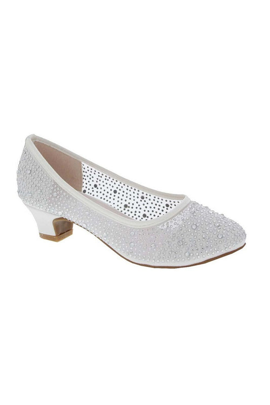 Girls White Rhinestone Low Heels