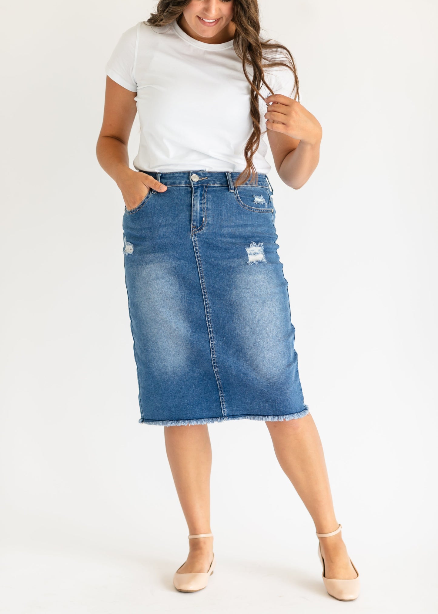 Hadley High Rise Denim Midi Skirt