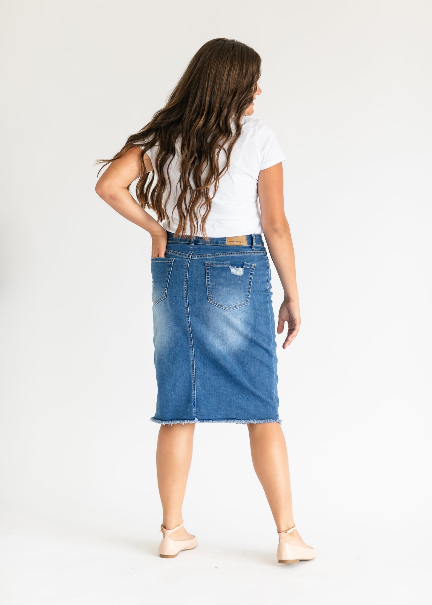 Hadley High Rise Denim Midi Skirt