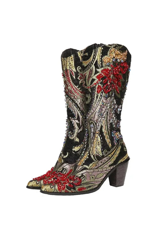 Tapestry Styled Boots With Embroidered Crystal