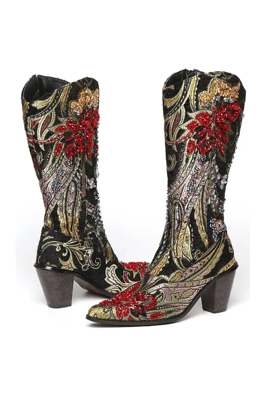 Tapestry Styled Boots With Embroidered Crystal