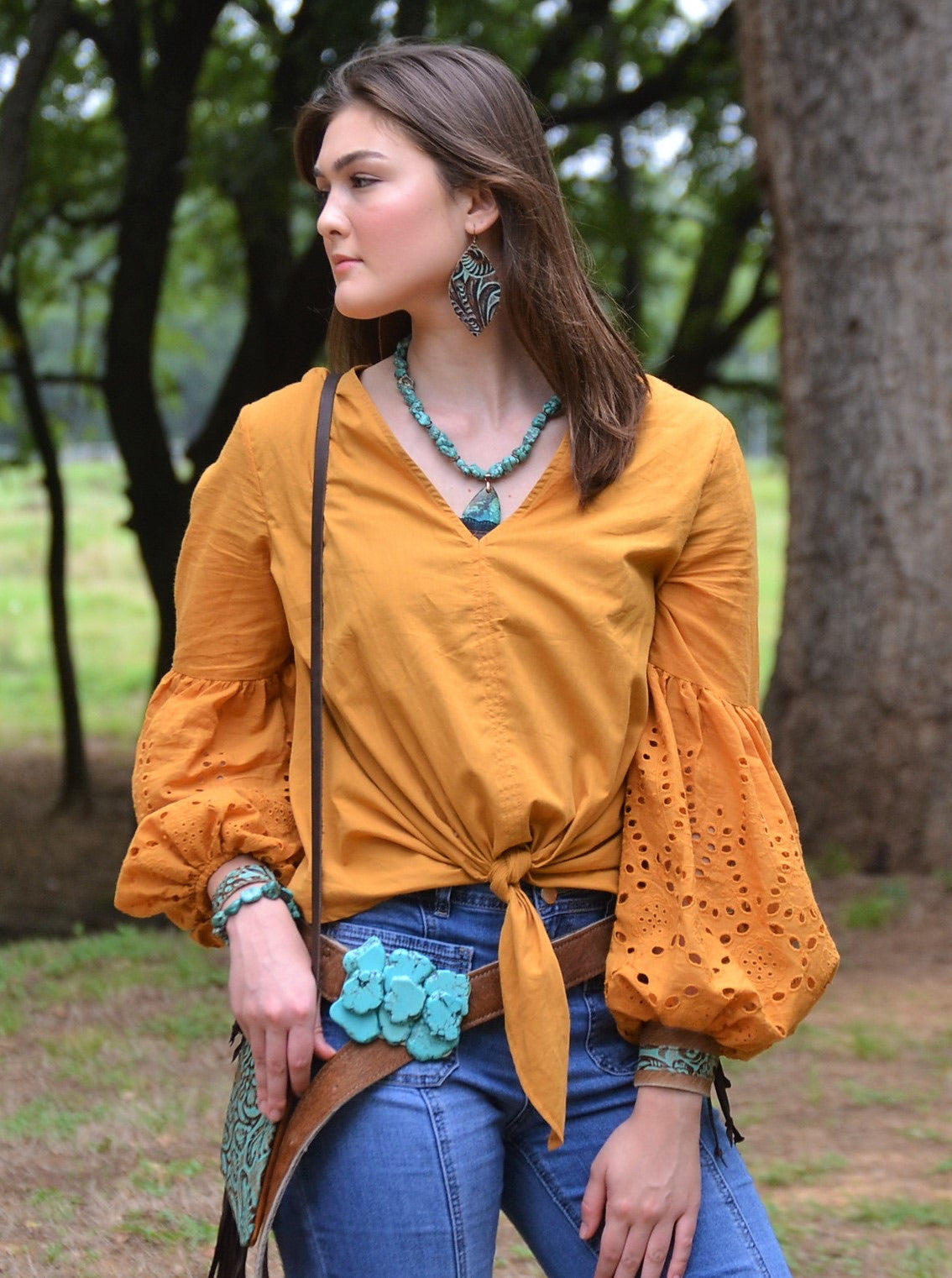 **Leather Oval Earrings Turquoise Brown Floral 203c