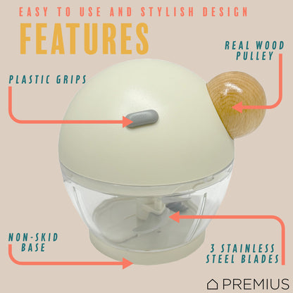PREMIUS Manual Pull Hand Food Chopper, With Wood Ball, White-Natural, 1.5 Cups
