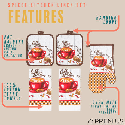 PREMIUS 5 Piece Printed Kitchen Linen Set, 2 Cotton Towels, 2 Pot Holders, 1 Oven Mitt