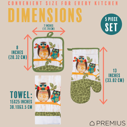 PREMIUS 5 Piece Printed Kitchen Linen Set, 2 Cotton Towels, 2 Pot Holders, 1 Oven Mitt