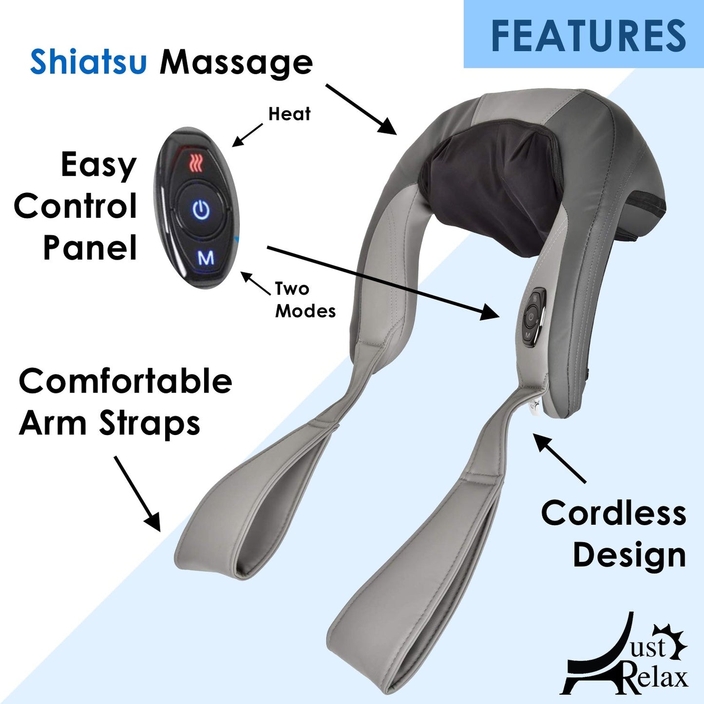 Just Relax Cordless Shiatsu Shoulder and Neck Massager With Heat, Gray