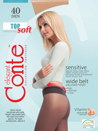 Conte Top Soft 40 Den - Classic Women's Tights Sheer to Waist T-top Low Waist Vitamin E (14С-37СП)
