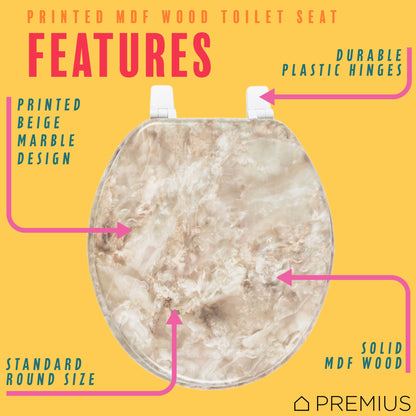 PREMIUS Wood Toilet Seat, Beige Marble, Standard Round, 17 Inches