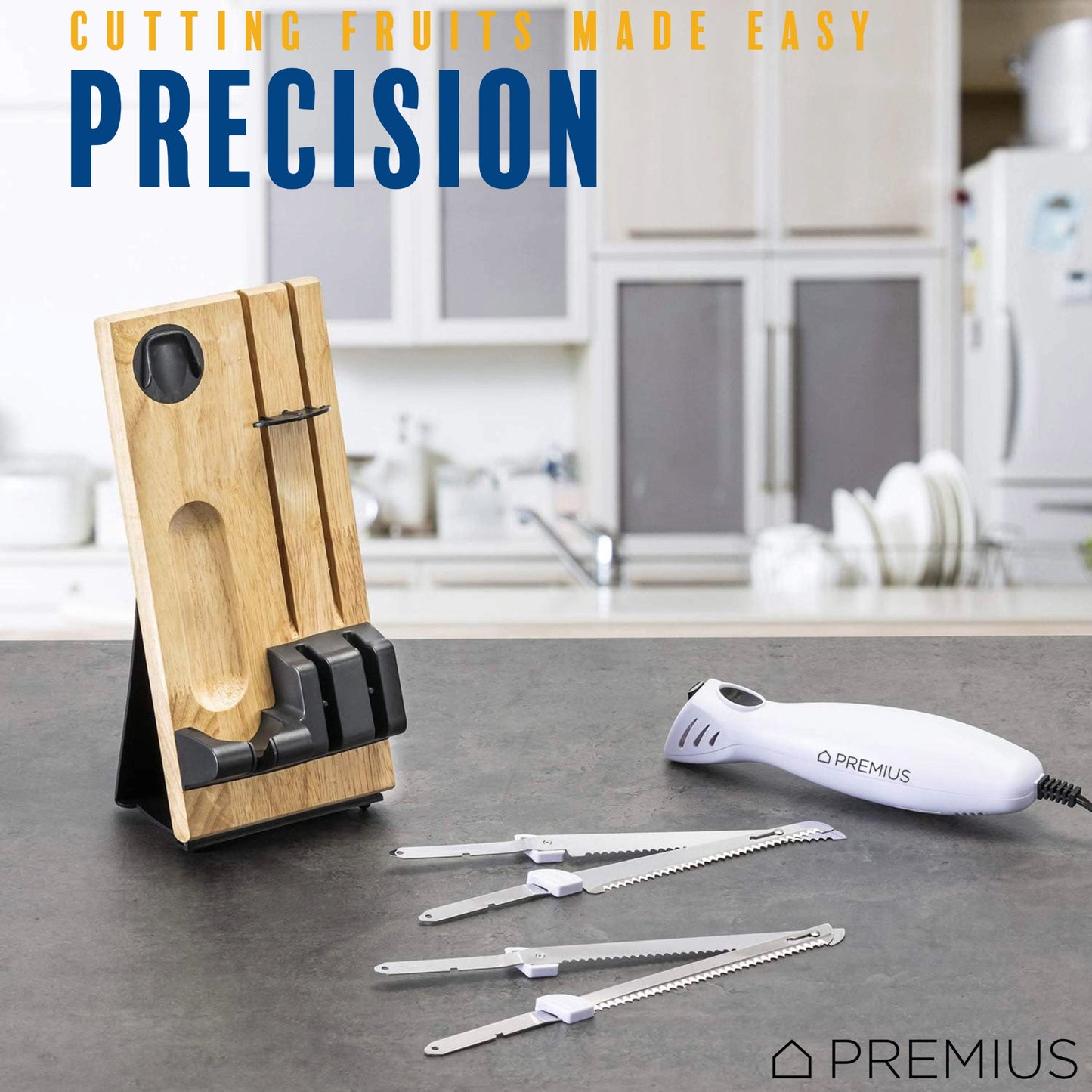 PREMIUS Serrated Carving Electric Knife Set With Wooden Storage Tray, with 2 Stainless Steel Blades