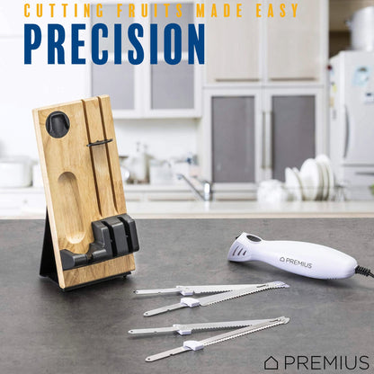 PREMIUS Serrated Carving Electric Knife Set With Wooden Storage Tray, with 2 Stainless Steel Blades
