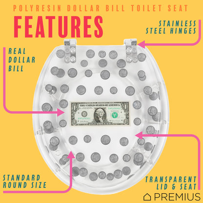 PREMIUS Polyresin Dollar Bill & Coins Money Toilet Seat, Clear, Standard Round, 17 Inches