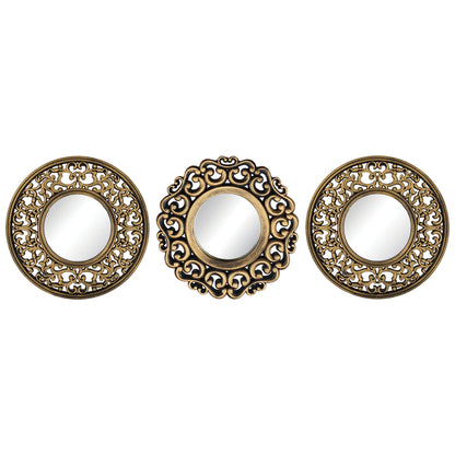 PREMIUS 3-Piece Brushed Gold Mirror Set Wall Decor Scroll, Antique Gold, 30x10 Inches