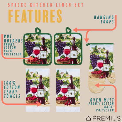 PREMIUS 5 Piece Printed Kitchen Linen Set, 2 Cotton Towels, 2 Pot Holders, 1 Oven Mitt