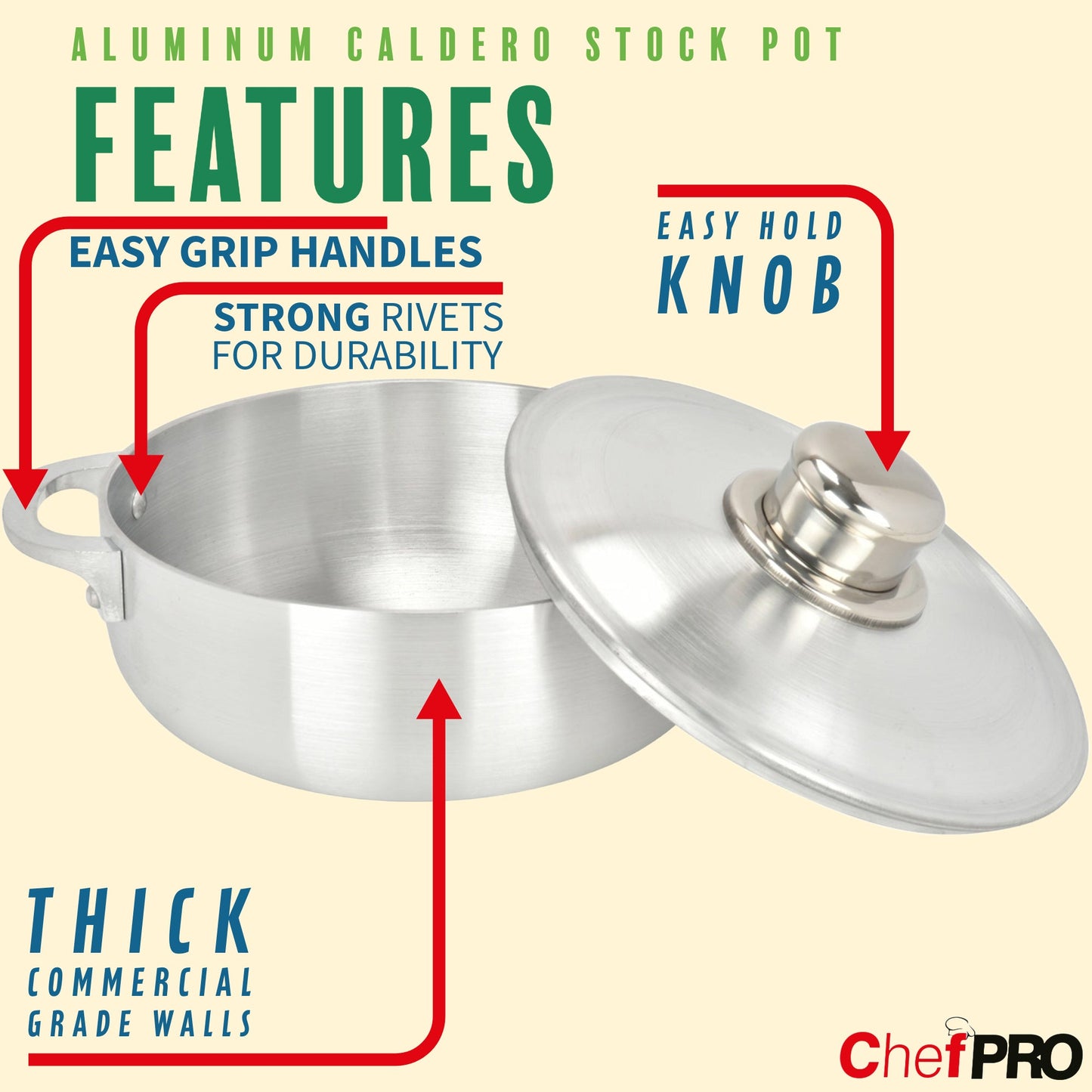 Chef Pro Commercial Grade Aluminum Caldero Stock Pot, Silver, 18.3 Quarts