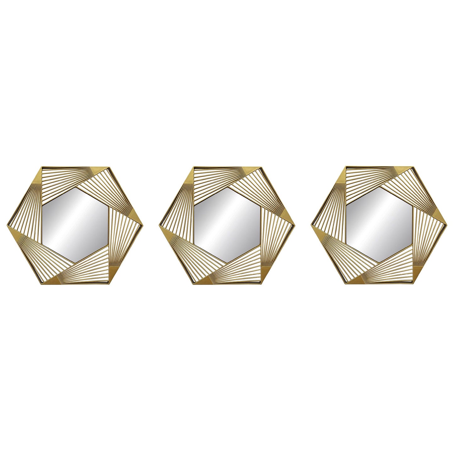 PREMIUS 3 Piece Plastic Mesh Hexagon Wall Decor Mirror Set, Gold, 10 Inches