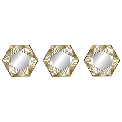 PREMIUS 3 Piece Plastic Mesh Hexagon Wall Decor Mirror Set, Gold, 10 Inches