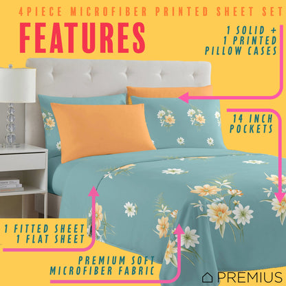 PREMIUS Lucea Soft Wrinkle-Free Microfiber Sheet Set, Soft Blue-Orange