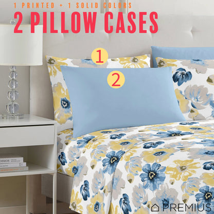 PREMIUS Eliana Soft Wrinkle-Free Microfiber Sheet Set, Blue-Yellow