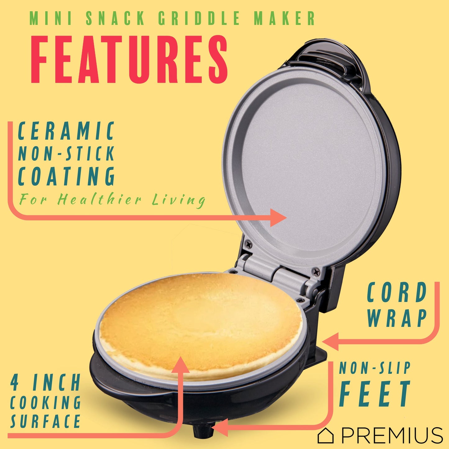 PREMIUS Ceramic Non-Stick Mini Snack Flat Griddle Maker, 4 Inch Mold
