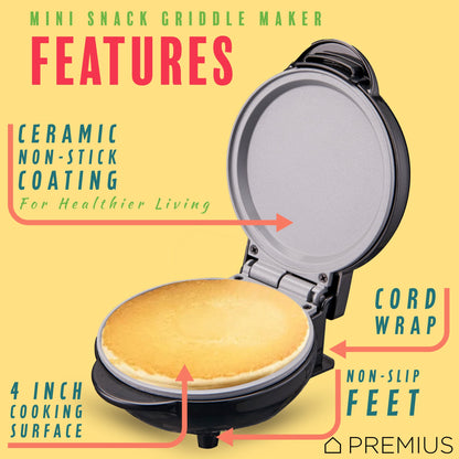 PREMIUS Ceramic Non-Stick Mini Snack Flat Griddle Maker, 4 Inch Mold