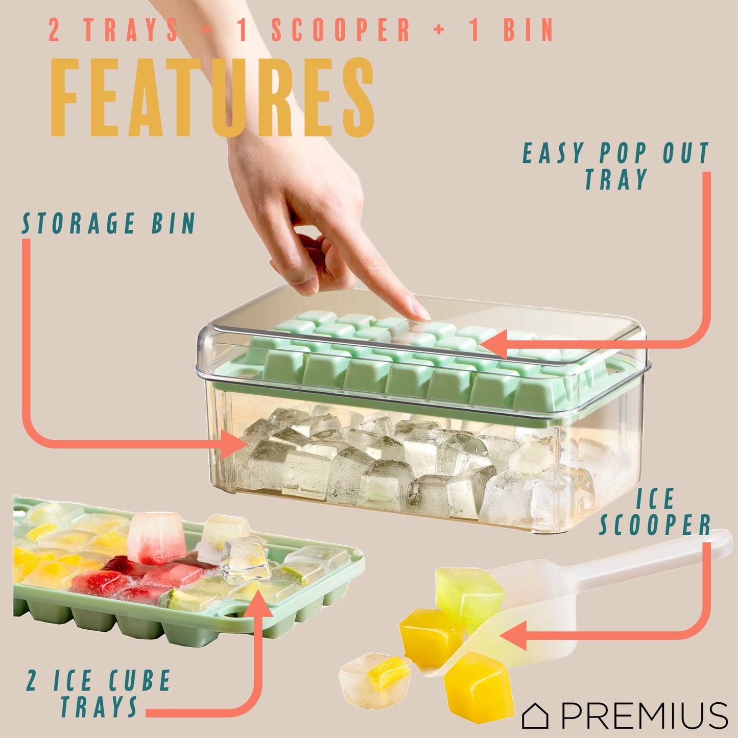 PREMIUS 2 Tray Ice Cube Tray with Container and Scoop, Green-Clear