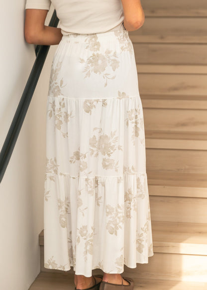 Jill Floral Stretch Waist Floral Tiered Maxi Skirt