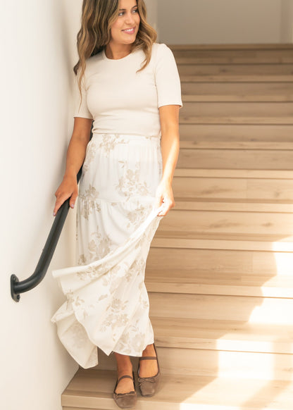 Jill Floral Stretch Waist Floral Tiered Maxi Skirt