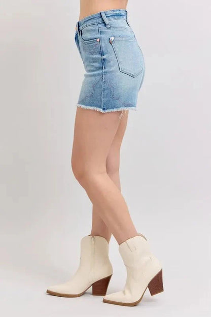 Judy Blue High Waist Western Embroidery Detail Cut Off Denim Shorts
