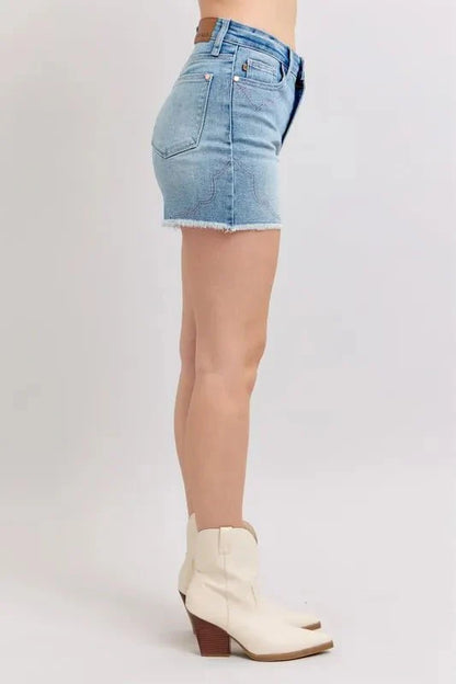 Judy Blue High Waist Western Embroidery Detail Cut Off Denim Shorts