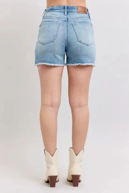 Judy Blue High Waist Western Embroidery Detail Cut Off Denim Shorts