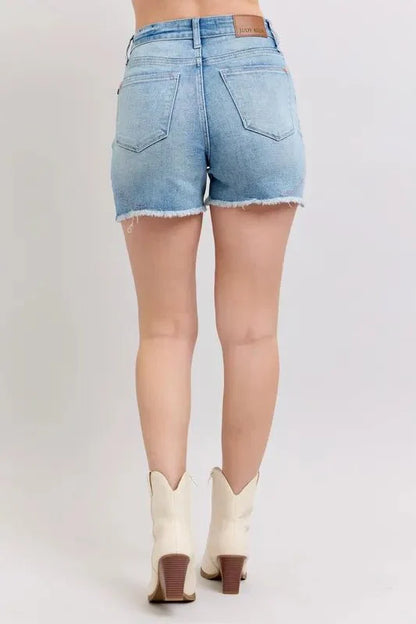 Judy Blue High Waist Western Embroidery Detail Cut Off Denim Shorts