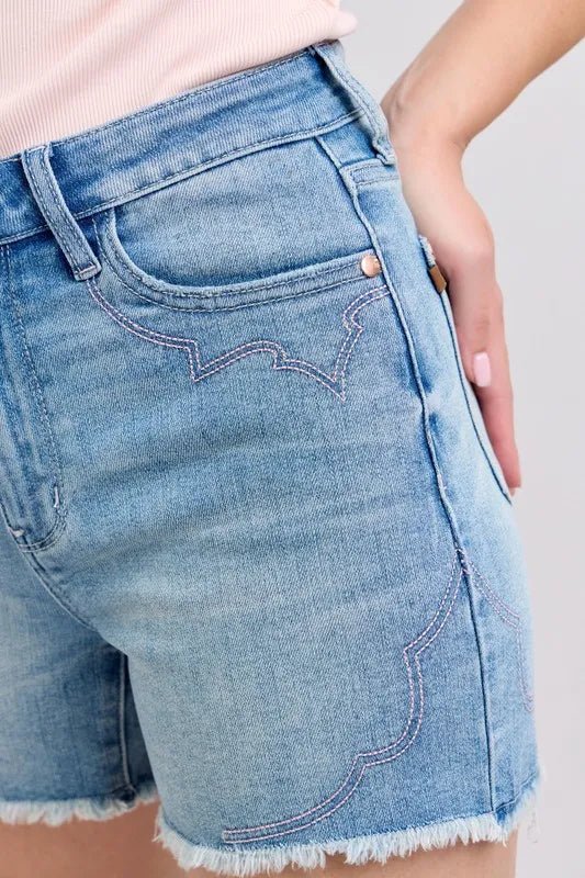 Judy Blue High Waist Western Embroidery Detail Cut Off Denim Shorts