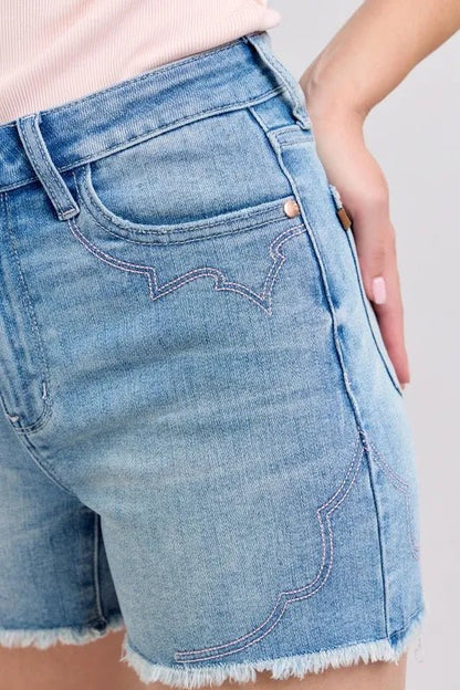 Judy Blue High Waist Western Embroidery Detail Cut Off Denim Shorts