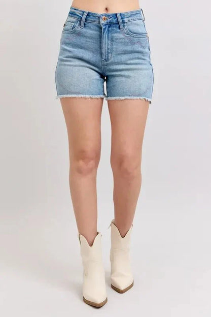 Judy Blue High Waist Western Embroidery Detail Cut Off Denim Shorts