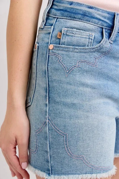 Judy Blue High Waist Western Embroidery Detail Cut Off Denim Shorts