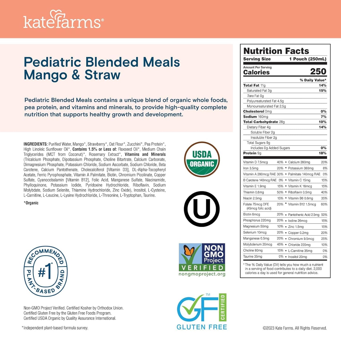 Kate Farms Pediatric Blended Meals, Mango & Strawberry, CS/12